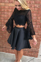 Vestido de fiesta de dos piezas de encaje negro de manga larga PG187