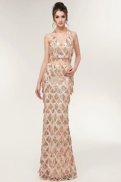 Two-piece Halter Mermaid Long Sequined Patterns Champagne Prom Dresses