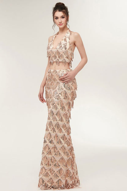 Two-piece Halter Mermaid Long Sequined Patterns Champagne Prom Dresses