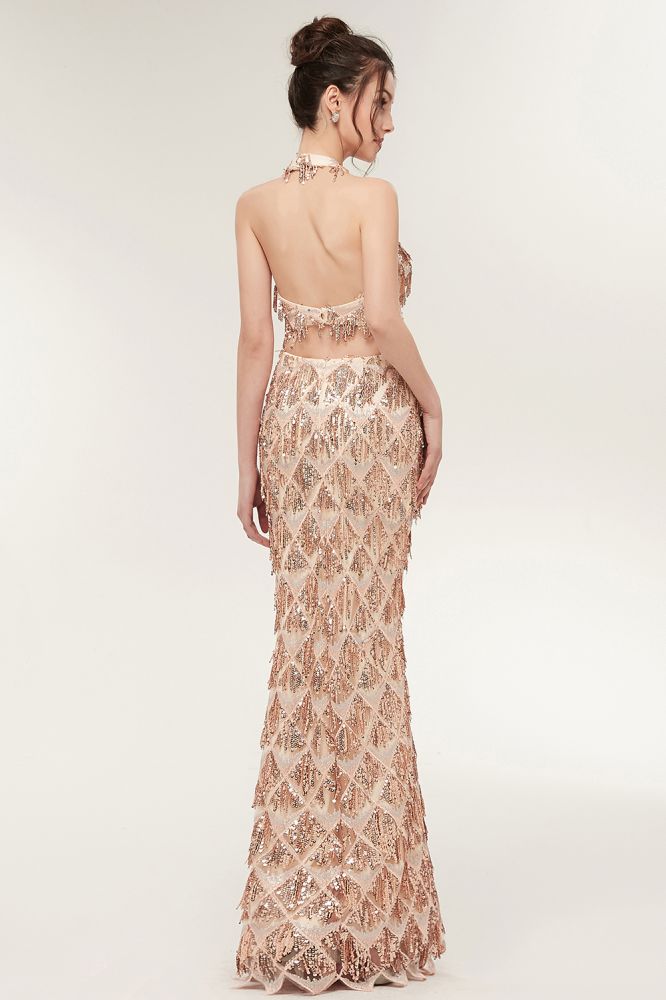 Two-piece Halter Mermaid Long Sequined Patterns Champagne Prom Dresses