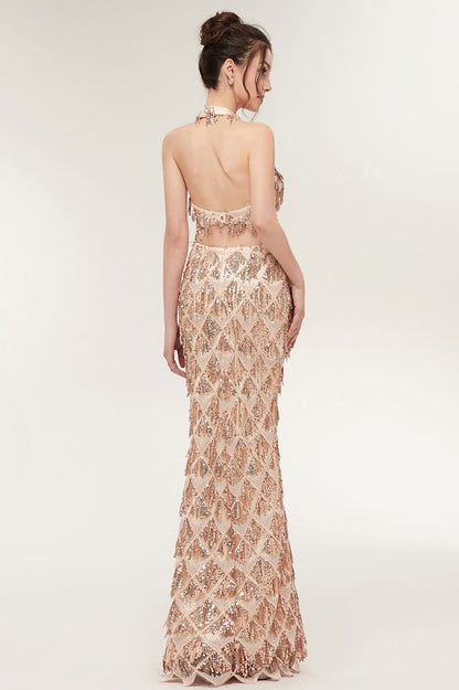 Two-piece Halter Mermaid Long Sequined Patterns Champagne Prom Dresses