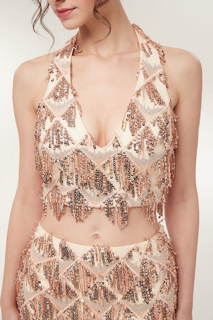Two-piece Halter Mermaid Long Sequined Patterns Champagne Prom Dresses