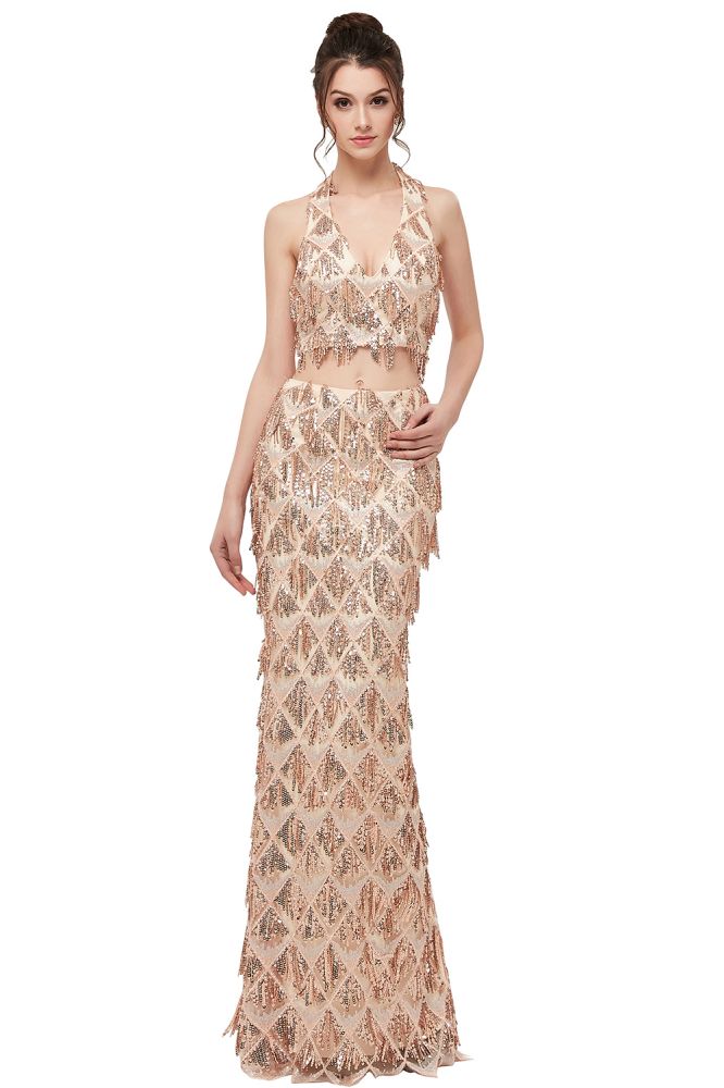 Two-piece Halter Mermaid Long Sequined Patterns Champagne Prom Dresses