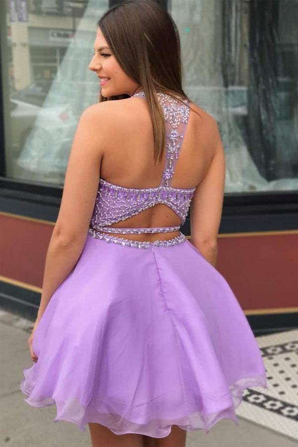 Vestido de fiesta de dos piezas de gasa lila con cuello alto y cuentas PD335
