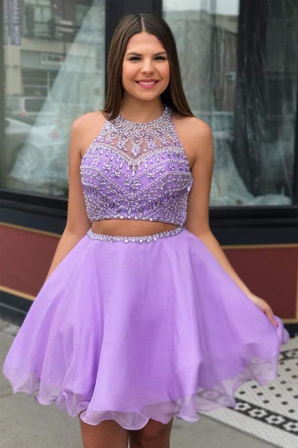 Vestido de fiesta de dos piezas de gasa lila con cuello alto y cuentas PD335