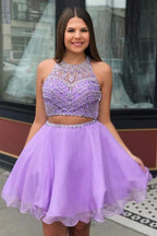 Vestido de fiesta de dos piezas de gasa lila con cuello alto y cuentas PD335