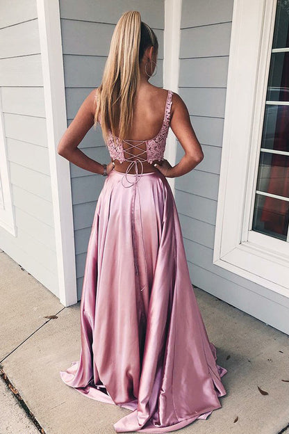 Two Piece Long A-Line Square Neckline Front Slit Prom Dress With Pockets