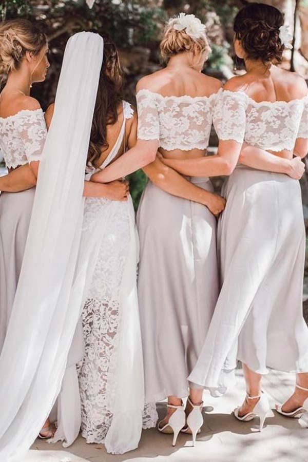 Vestido de dama de honor de dos piezas de gasa gris con hombros descubiertos y encaje BD051