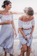 Vestido de dama de honor de dos piezas de gasa gris con hombros descubiertos y encaje BD051