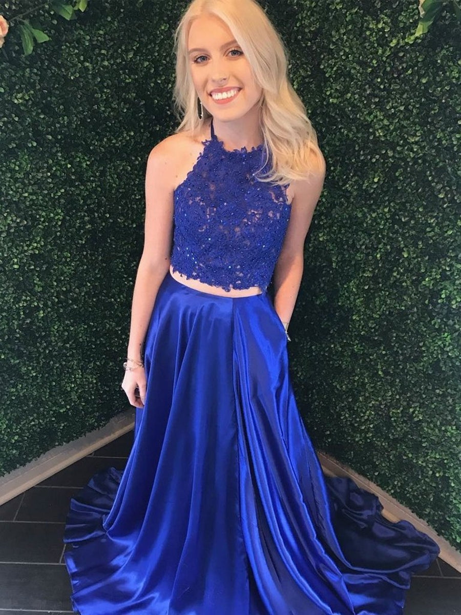 Vestido de fiesta formal de dos piezas azul real largo con escote en A, encaje satinado y bolsillos