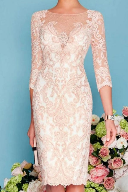 Vestido de madre de la novia de dos piezas, corte tubo/columna, largo hasta la rodilla, de gasa, con encaje y mangas 3/4
