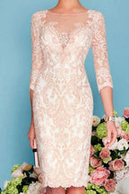 Vestido de madre de la novia de dos piezas, corte tubo/columna, largo hasta la rodilla, de gasa, con encaje y mangas 3/4