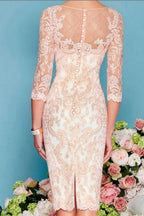 Vestido de madre de la novia de dos piezas, corte tubo/columna, largo hasta la rodilla, de gasa, con encaje y mangas 3/4