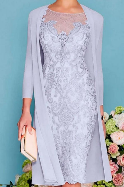 Vestido de madre de la novia de dos piezas, corte tubo/columna, largo hasta la rodilla, de gasa, con encaje y mangas 3/4