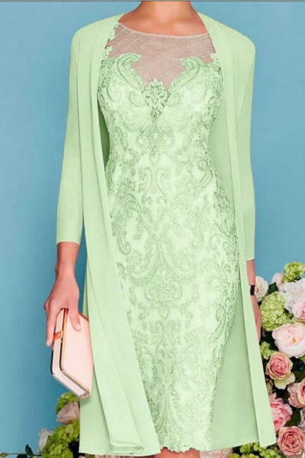 Vestido de madre de la novia de dos piezas, corte tubo/columna, largo hasta la rodilla, de gasa, con encaje y mangas 3/4