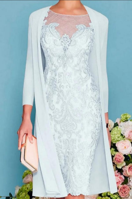 Vestido de madre de la novia de dos piezas, corte tubo/columna, largo hasta la rodilla, de gasa, con encaje y mangas 3/4