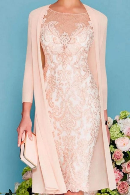 Vestido de madre de la novia de dos piezas, corte tubo/columna, largo hasta la rodilla, de gasa, con encaje y mangas 3/4