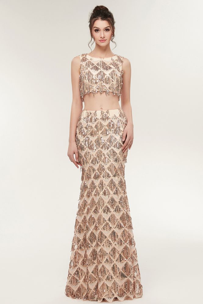 Two-piece Sleeveless Mermaid Floor Length Sequined Champagne Prom Dresses