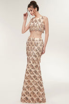 Two-piece Sleeveless Mermaid Floor Length Sequined Champagne Prom Dresses
