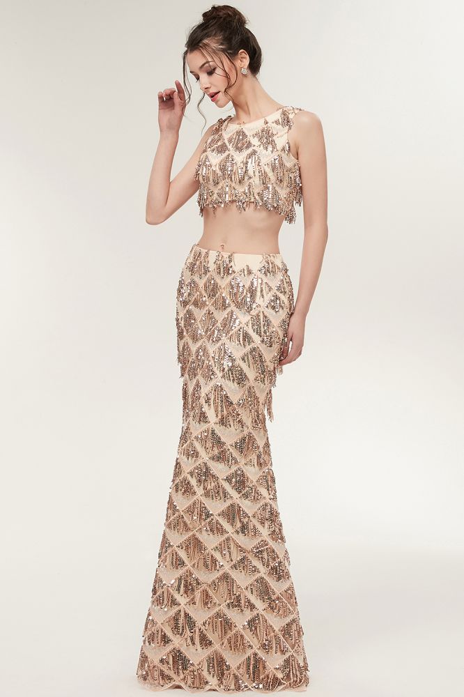 Two-piece Sleeveless Mermaid Floor Length Sequined Champagne Prom Dresses