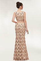 Two-piece Sleeveless Mermaid Floor Length Sequined Champagne Prom Dresses