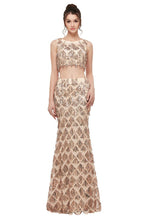 Two-piece Sleeveless Mermaid Floor Length Sequined Champagne Prom Dresses