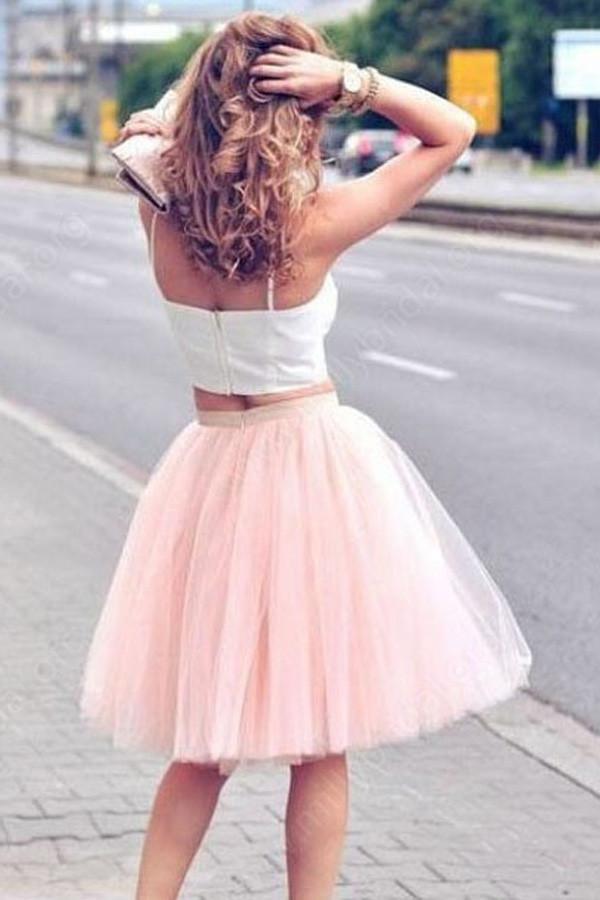 Vestidos de fiesta de dos piezas de tul rosa con tirantes finos, sin mangas, PG100