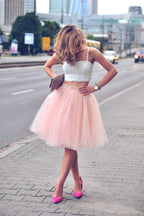 Vestidos de fiesta de dos piezas de tul rosa con tirantes finos, sin mangas, PG100