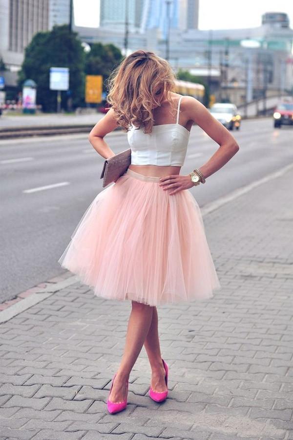 Vestidos de fiesta de dos piezas de tul rosa con tirantes finos, sin mangas, PG100