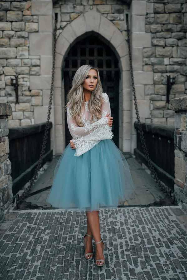 Vestido de fiesta de dos piezas de tul transparente con mangas largas y encaje PD208
