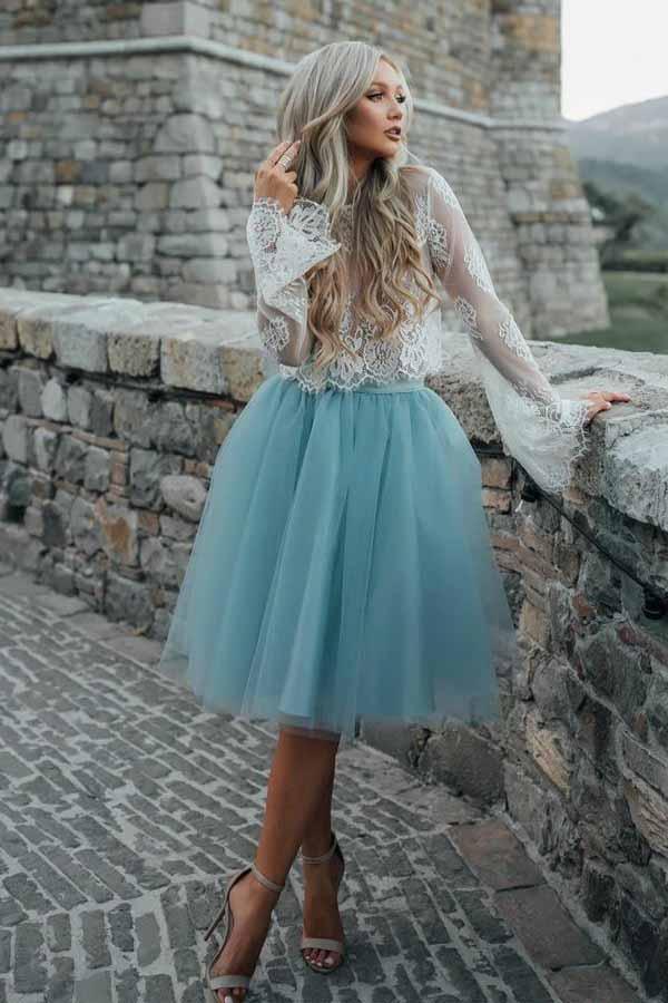 Vestido de fiesta de dos piezas de tul transparente con mangas largas y encaje PD208