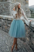 Vestido de fiesta de dos piezas de tul transparente con mangas largas y encaje PD208