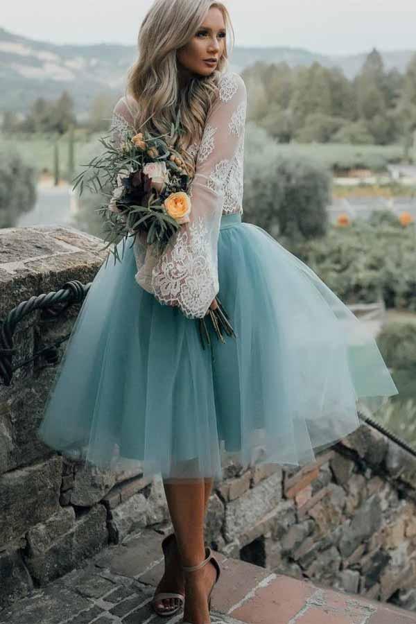 Vestido de fiesta de dos piezas de tul transparente con mangas largas y encaje PD208