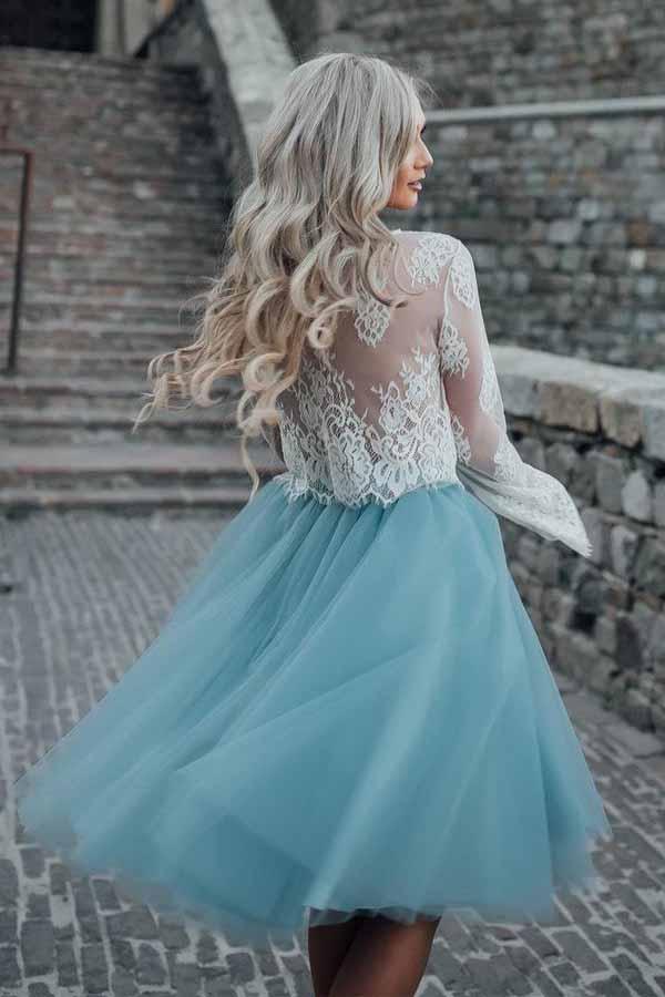 Vestido de fiesta de dos piezas de tul transparente con mangas largas y encaje PD208