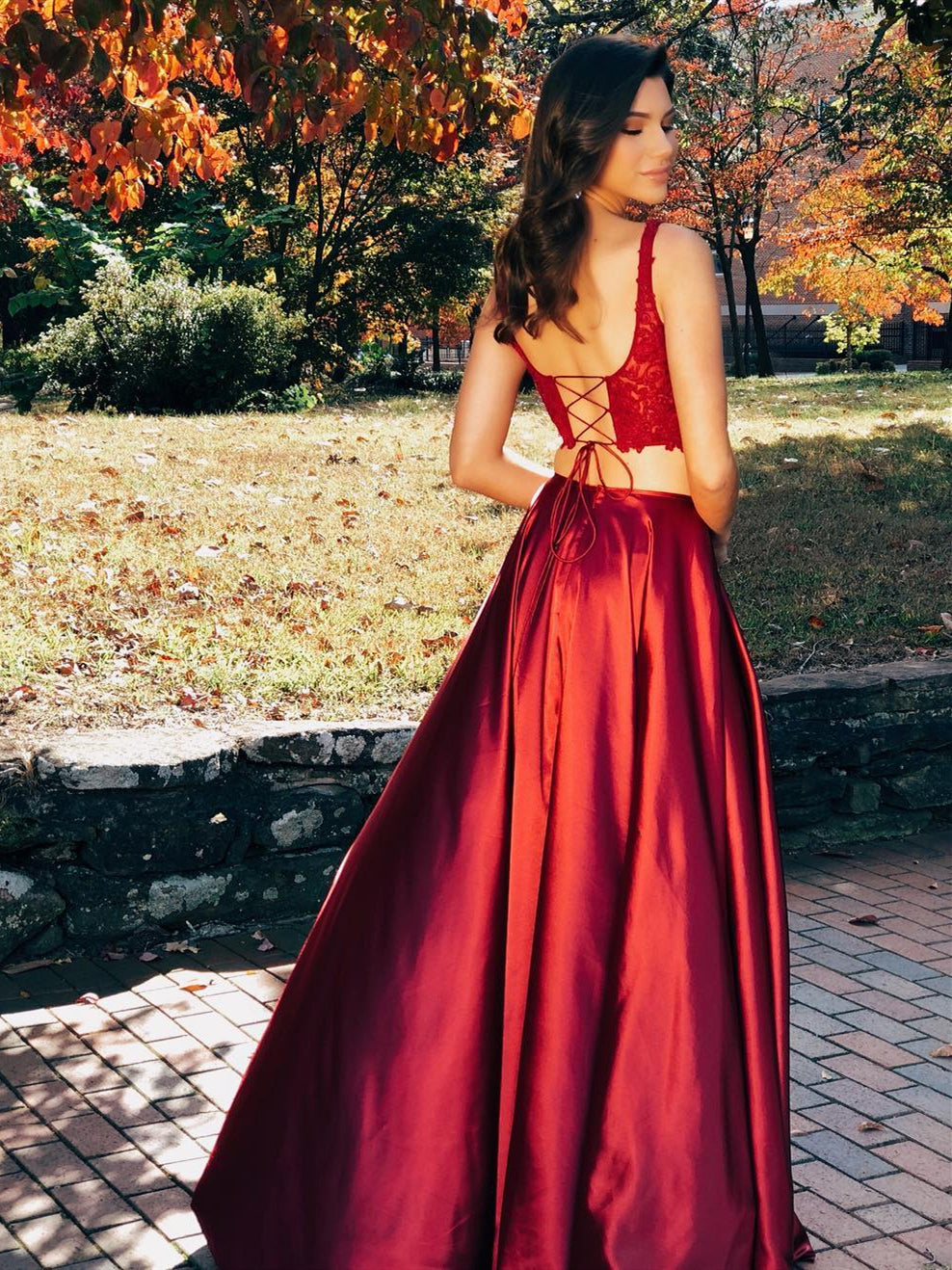 Two Pieces A-line Lace Satin Long Backless Prom Dresses with Slit