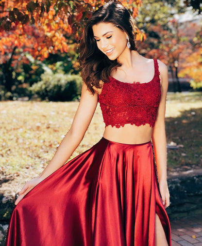 Two Pieces A-line Lace Satin Long Backless Prom Dresses with Slit