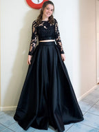 Zweiteiliges schwarzes langes A-Linien-Ballkleid mit Rundhalsausschnitt, Satinspitze und Ärmeln