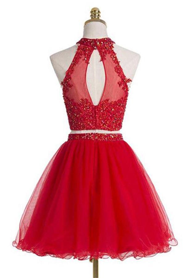 Vestido de fiesta rojo sin mangas con cuello halter de dos piezas PG021