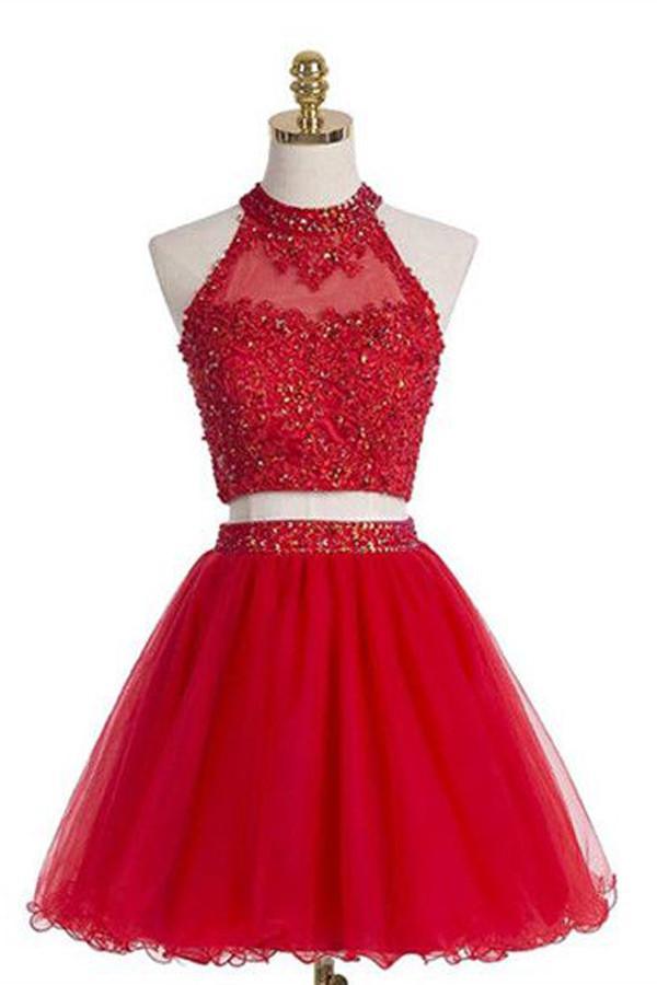 Vestido de fiesta rojo sin mangas con cuello halter de dos piezas PG021