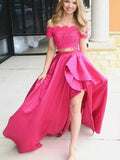 Zweiteiliges High Low A-Linien-Abendkleid mit schulterfreiem Spitzensatin