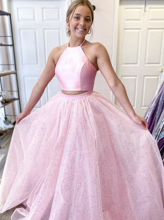 Two Pieces Long A-line Halter Satin Tulle Backless Formal Prom Dresses