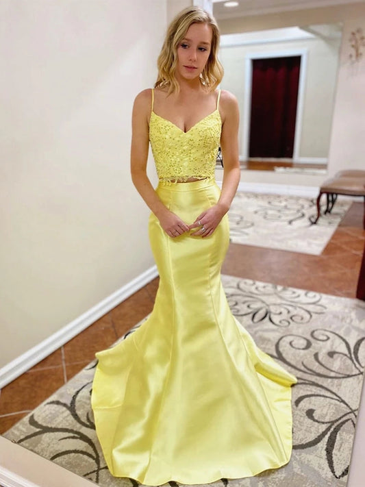 Two Pieces Mermaid V Neck Satin Lace Long Yellow Prom Dresses