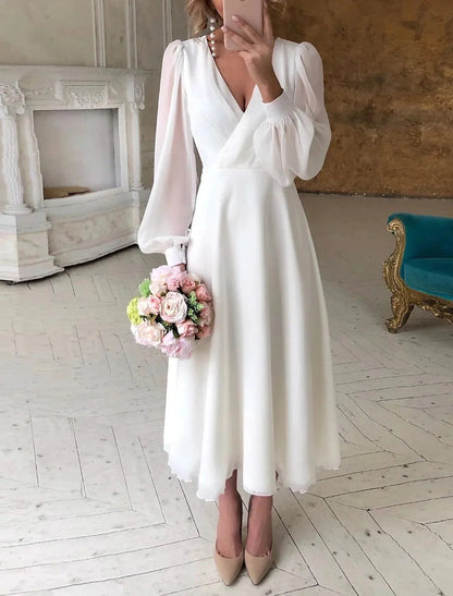 Empfang Kleine Weiße Kleider Brautkleider A-Linie V-Ausschnitt Langarm Knöchellang Chiffon Brautkleider Mit Volltonfarbe