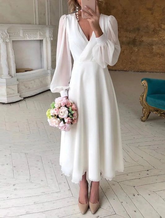 Empfang Kleine Weiße Kleider Brautkleider A-Linie V-Ausschnitt Langarm Knöchellang Chiffon Brautkleider Mit Volltonfarbe