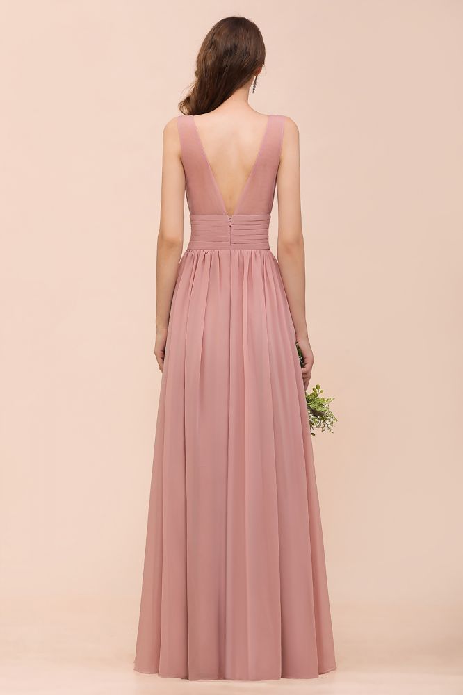 Vestido de dama de honor largo de gasa con escote en U y cintura alta para fiesta formal