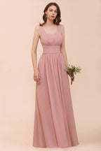 Vestido de dama de honor largo de gasa con escote en U y cintura alta para fiesta formal