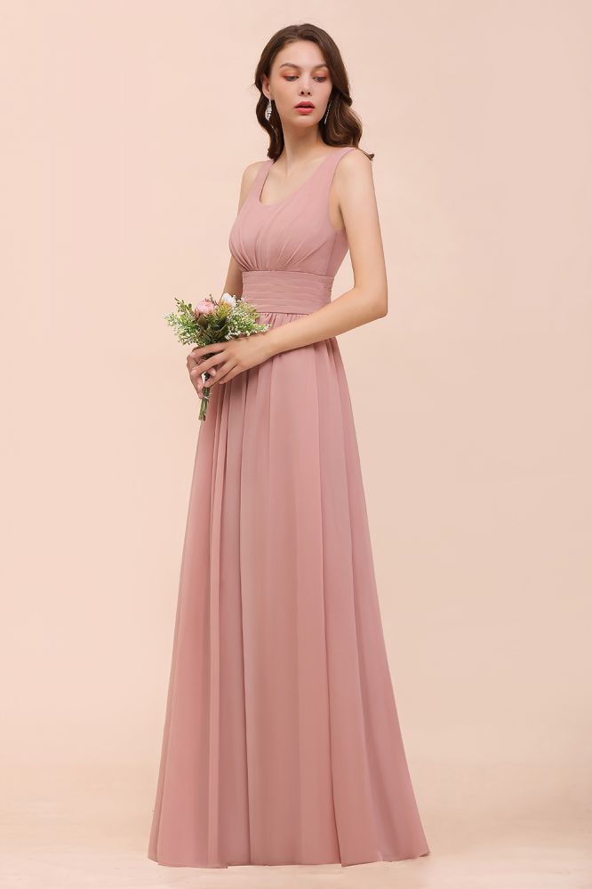 Vestido de dama de honor largo de gasa con escote en U y cintura alta para fiesta formal