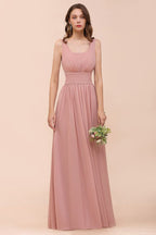 Vestido de dama de honor largo de gasa con escote en U y cintura alta para fiesta formal