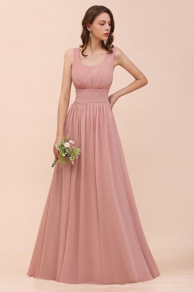 Vestido de dama de honor largo de gasa con escote en U y cintura alta para fiesta formal