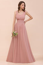 Vestido de dama de honor largo de gasa con escote en U y cintura alta para fiesta formal